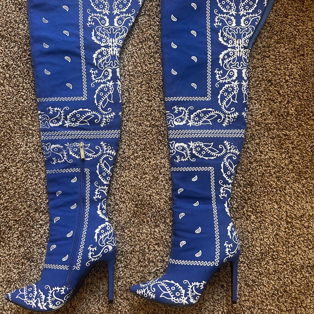 Blue Paisley Over-the-Knee Boots